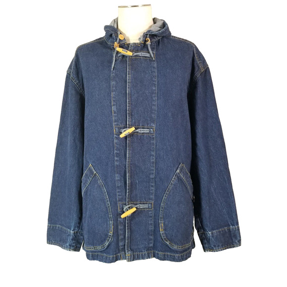 Perry Ellis Jacket Coat Barn Chore Blue Denim Mens Large Retro Cotton Hooded